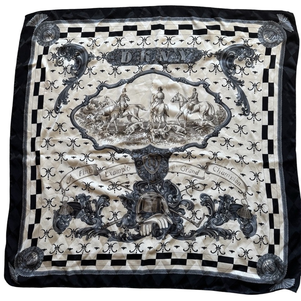DKNY 90s Vintage Black Cream Equestrian Derby Print Silk Scarf